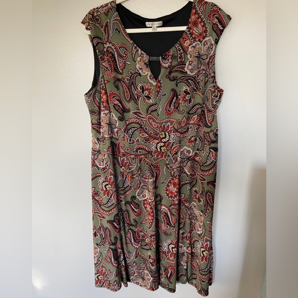 Sandra Darren Woman’s Green Paisley Mid length sleeveless dress, Plus Size 2X